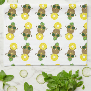 Cool Pineapple Dude Rolling on a Pineapple Ring Tea Towel