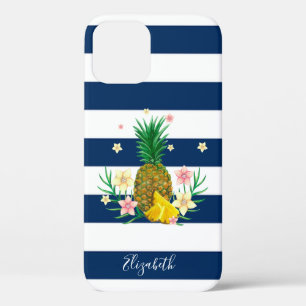 Cool Pineapple Flowers ,Navy Blue Striped  iPhone 12 Case