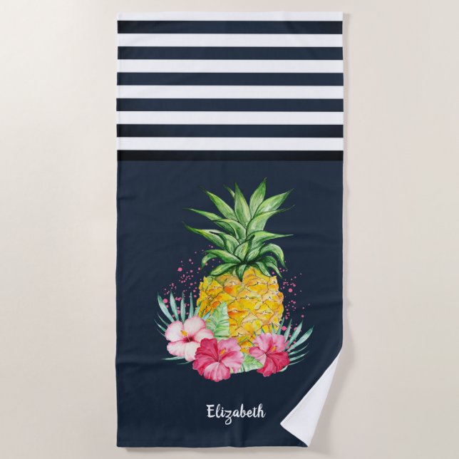 Cool Pineapple Hibiscus Navy Blue Striped   Beach Towel (Front)