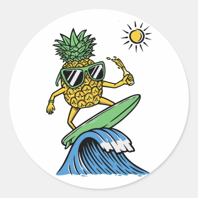 Cool Pineapple is Surfing in the Sea Vibrant beach Classic Round Sticker (Front)