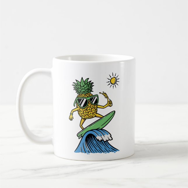 Cool Pineapple is Surfing in the Sea Vibrant beach Coffee Mug (Left)