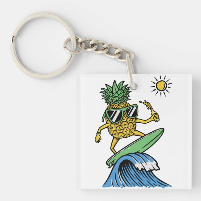 Cool Pineapple is Surfing in the Sea Vibrant beach Key Ring (Front)