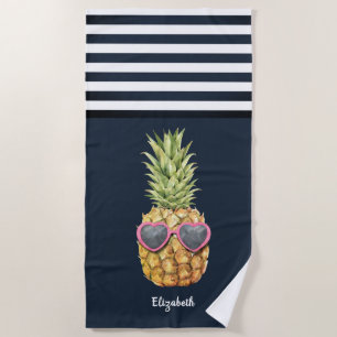 Cool Pineapple Nautical Navy Blue Striped   Beach Towel