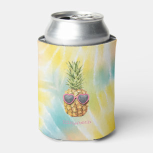 Cool Pineapple, Watercolor Rainbow Tie Dye Can Cooler