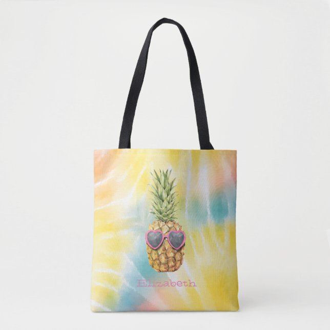 Cool Pineapple, Watercolor Rainbow Tie Dye   Tote Bag (Front)