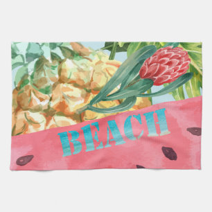 Cool Pineapple Watermelon Hibiscus Palm Leaves  Tea Towel