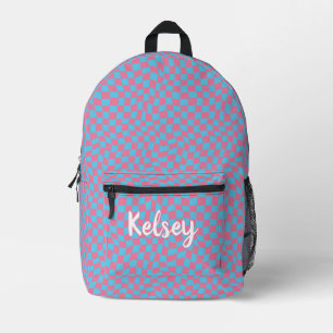 Cool Pink and Blue Retro Wavy Check Monogram Name Printed Backpack