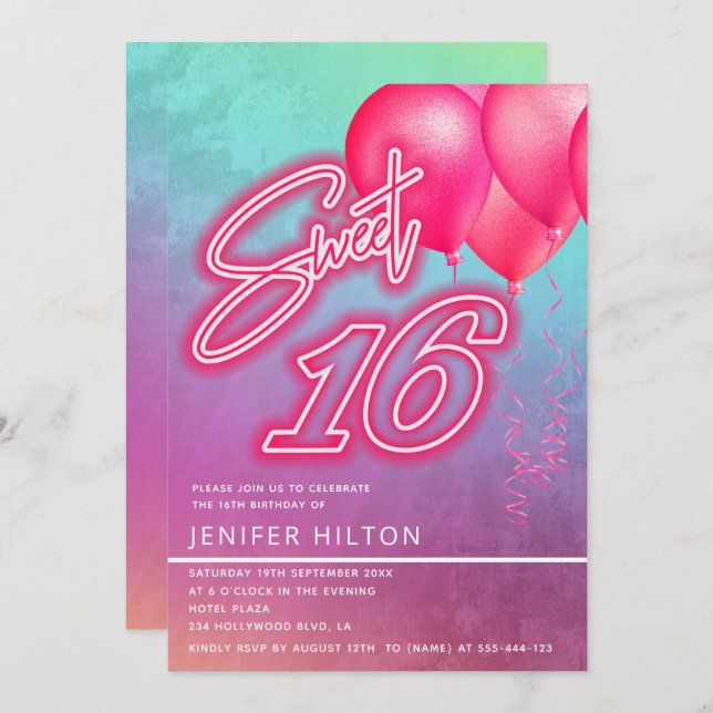 Cool pink balloon holographic neon sweet 16 invitation (Front/Back)