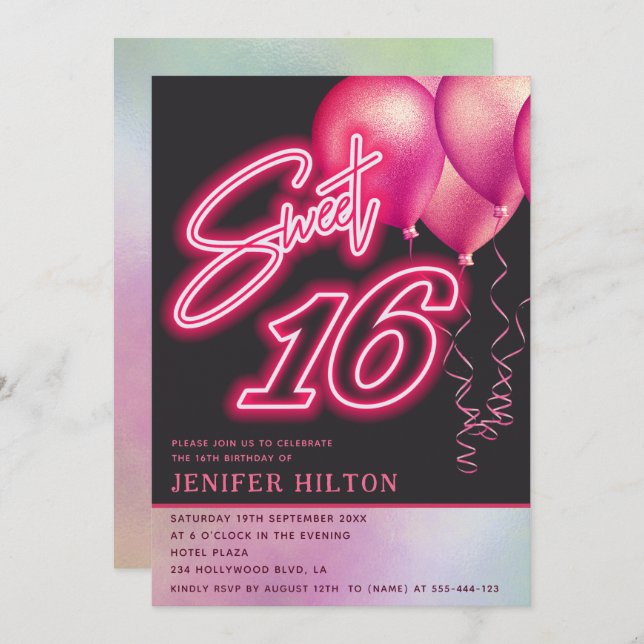 Cool pink balloon holographic neon sweet 16 invitation (Front/Back)