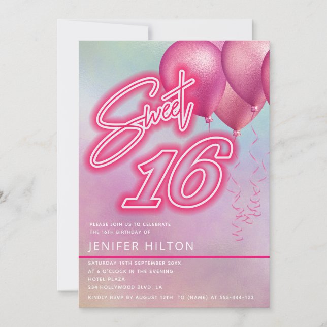 Cool pink balloon holographic neon sweet 16 invitation (Front)
