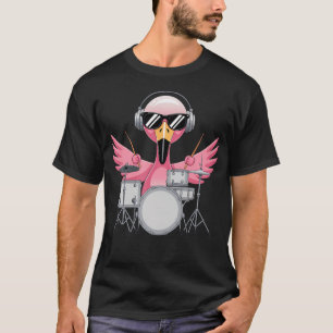 Cool Pink Bird Drummer With Headphones Rock Beat D T-Shirt