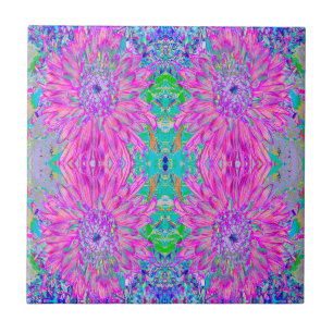 Cool Pink Blue and Purple Artsy Dahlia Bloom Ceramic Tile