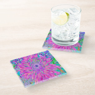 Cool Pink Blue and Purple Artsy Dahlia Bloom Glass Coaster