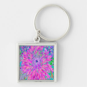 Cool Pink Blue and Purple Artsy Dahlia Bloom Key Ring