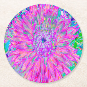 Cool Pink Blue and Purple Artsy Dahlia Bloom Round Paper Coaster