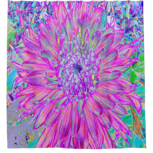 Cool Pink Blue and Purple Artsy Dahlia Bloom Shower Curtain (Front)