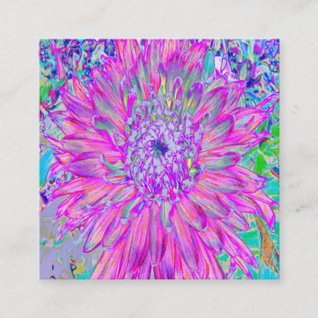 Cool Pink Blue and Purple Artsy Dahlia Bloom Square Business Card (Front)