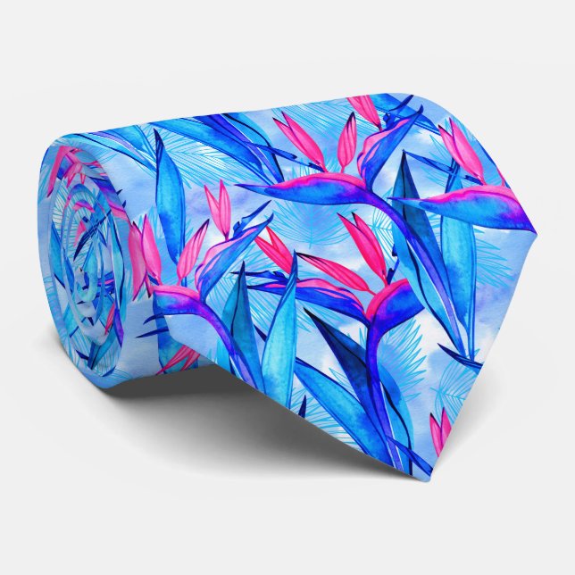 cool pink blue tropical leaf pattern tie (Rolled)
