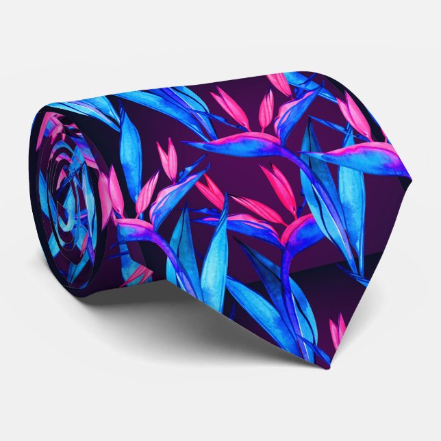 cool pink blue tropical leaf pattern  tie (Rolled)