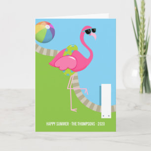 Cool Pink Flamingo Summer Family Photo Greeting Holiday Card