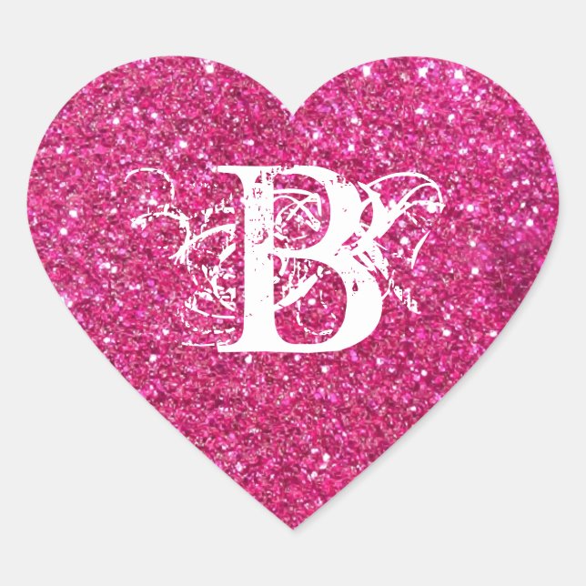 Cool Pink Glitter White Funky Initial Monogram Heart Sticker (Front)