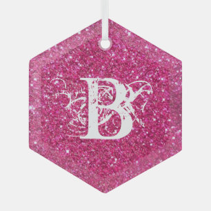 Cool Pink Glitter White Funky Monogram Custom Glass Tree Decoration