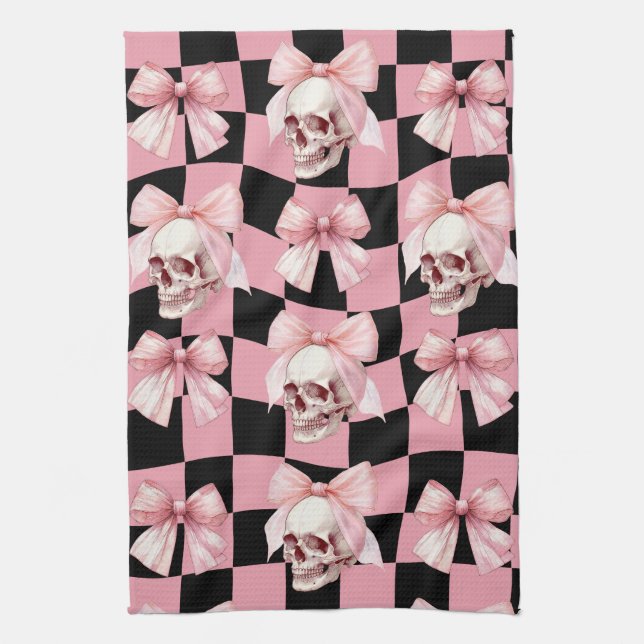 Cool Pink Kitchen Skeleton Halloween  Tea Towel (Vertical)