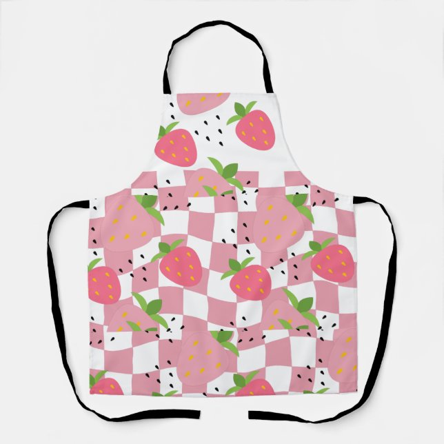Cool Pink Kitchen Strawberries Chequered Design Apron (Front)