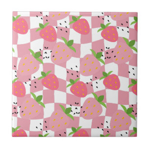 Cool Pink Kitchen Strawberries Chequered Design Ceramic Tile
