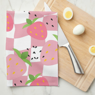 Cool Pink Kitchen Strawberries Chequered Design Tea Towel