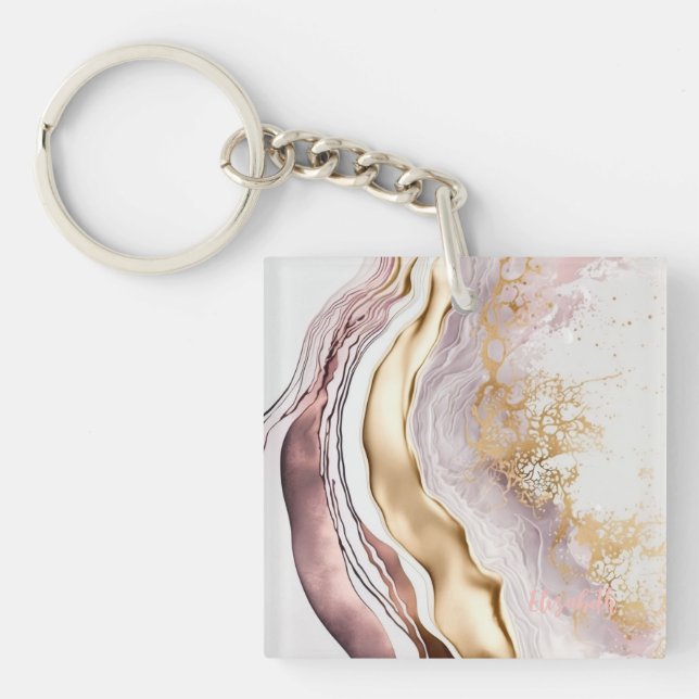 Cool Pink Marble Stone Gold Key Ring (Front)