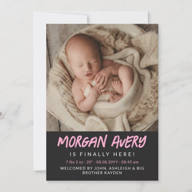 Cool Pink Marker Font New Baby Girl Photo Announcement (Front)