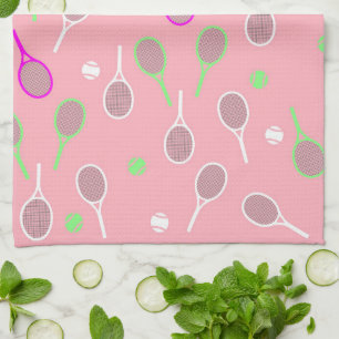 Cool Pink Retro Racquets Pattern Tennis Player   Tea Towel