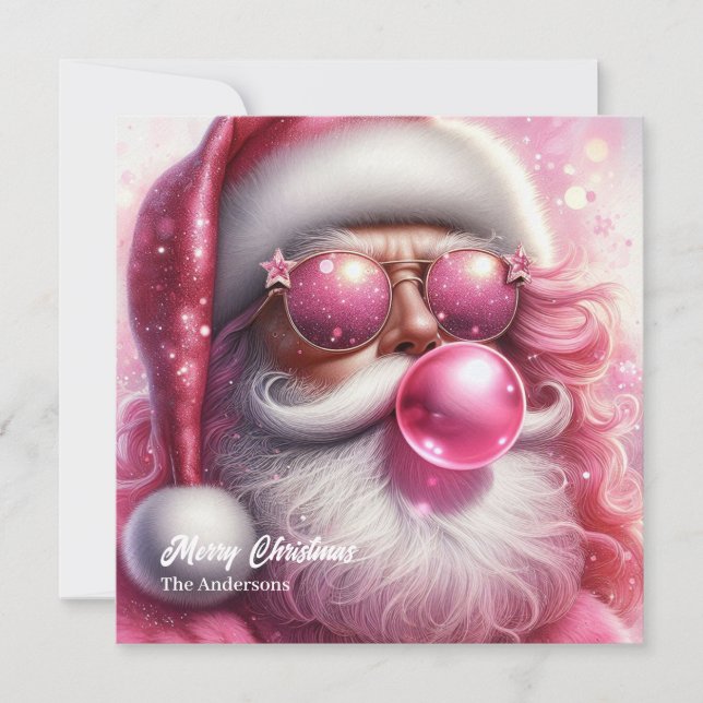 Cool pink Santa Claus blowing pink bubble gum Holiday Card (Front)