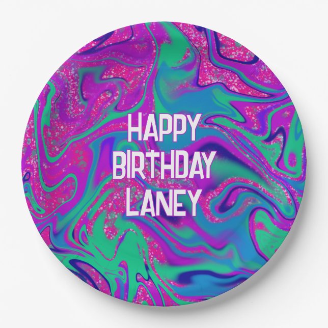 Cool Pink Teal Glitter Custom Girl Birthday Party Paper Plate (Front)