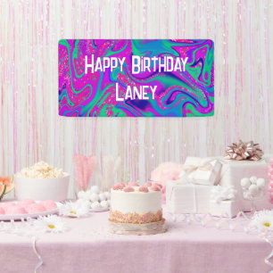 Cool Pink Teal Glitter Girl Birthday Slime Party Banner