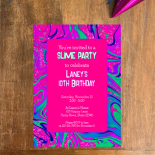 Cool Pink Teal Glitter Girls Birthday Slime Party Invitation