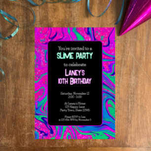 Cool Pink Teal Glitter Girls Birthday Slime Party Invitation