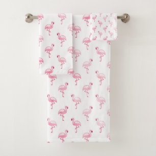 Cool Pink Tropical Flamingo Pattern on White Bath Towel Set