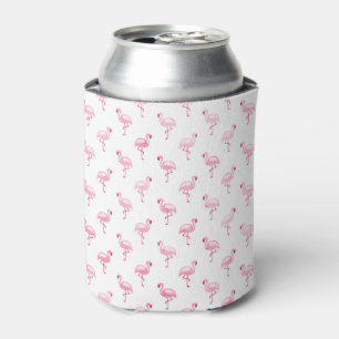 Cool Pink Tropical Flamingo Pattern on White Can Cooler