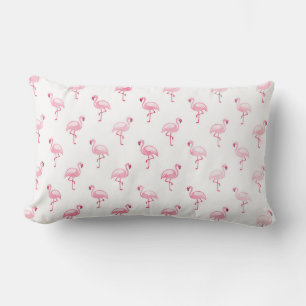 Cool Pink Tropical Flamingo Pattern on White Lumbar Cushion