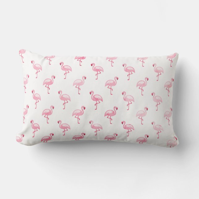 Cool Pink Tropical Flamingo Pattern on White Lumbar Cushion (Front)