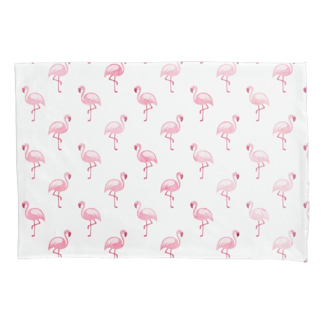 Cool Pink Tropical Flamingo Pattern on White Pillowcase (Front)