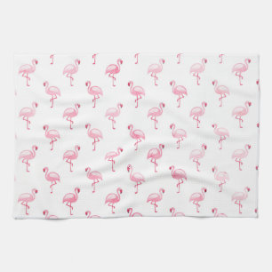 Cool Pink Tropical Flamingo Pattern on White Tea Towel