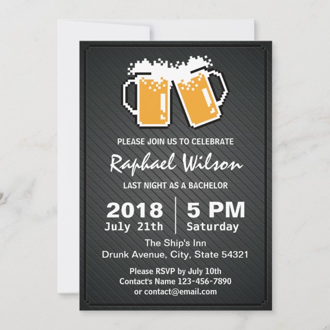 Cool Pixel Beers & Twill Metal Bachelor Party Card (Front)