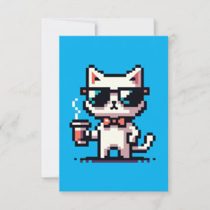 Cool Pixel Cat with Coffee - 8-Bit Retro Feline Card