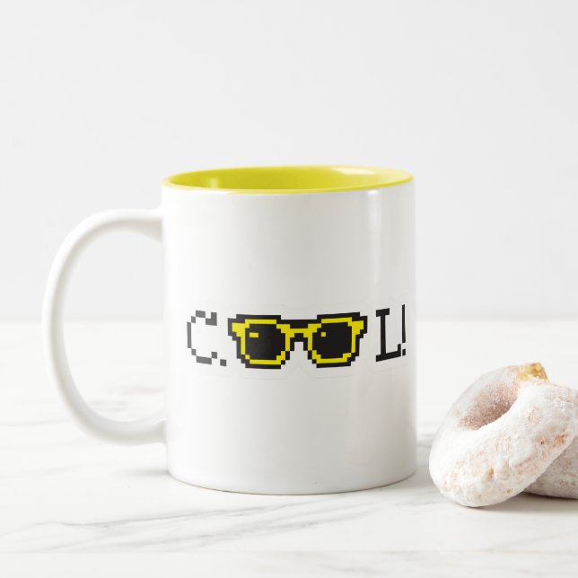 Cool Pixel Sunglasses Typography – Retro Y2K Two-Tone Coffee Mug (With Donut)