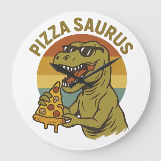 Cool Pizza Dino in Retro Style Large Clock (Front)