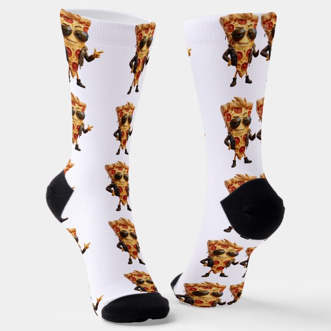 Cool Pizza Slice Mascot in Leather Jacket Art Socks (Angled)