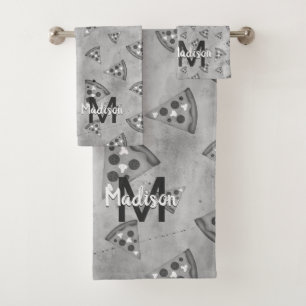 Cool pizza slice vintage black white grey Monogram Bath Towel Set
